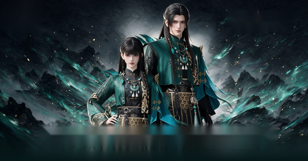 The two original Where Winds Meet characters in emerald and gold robes